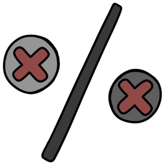 a light gray circle and a gray circle next to each other with a slash mark between them. both circles have a red X on them